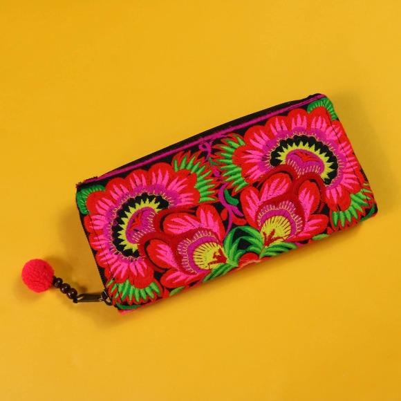 Unbranded Handbags - Neon Floral Embroidered Zipper Wallet